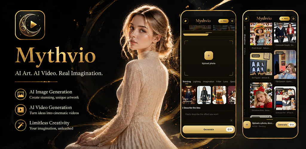 MythVio brand artwork and app interface: AI art, AI video, real imagination