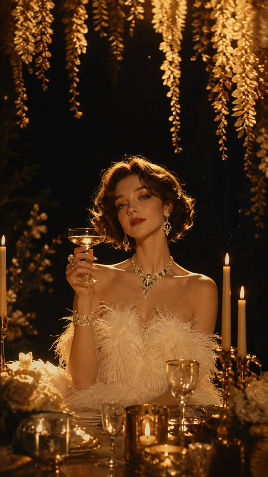 A candlelit golden portrait beneath cascading flowers, an example of an imaginative visual style