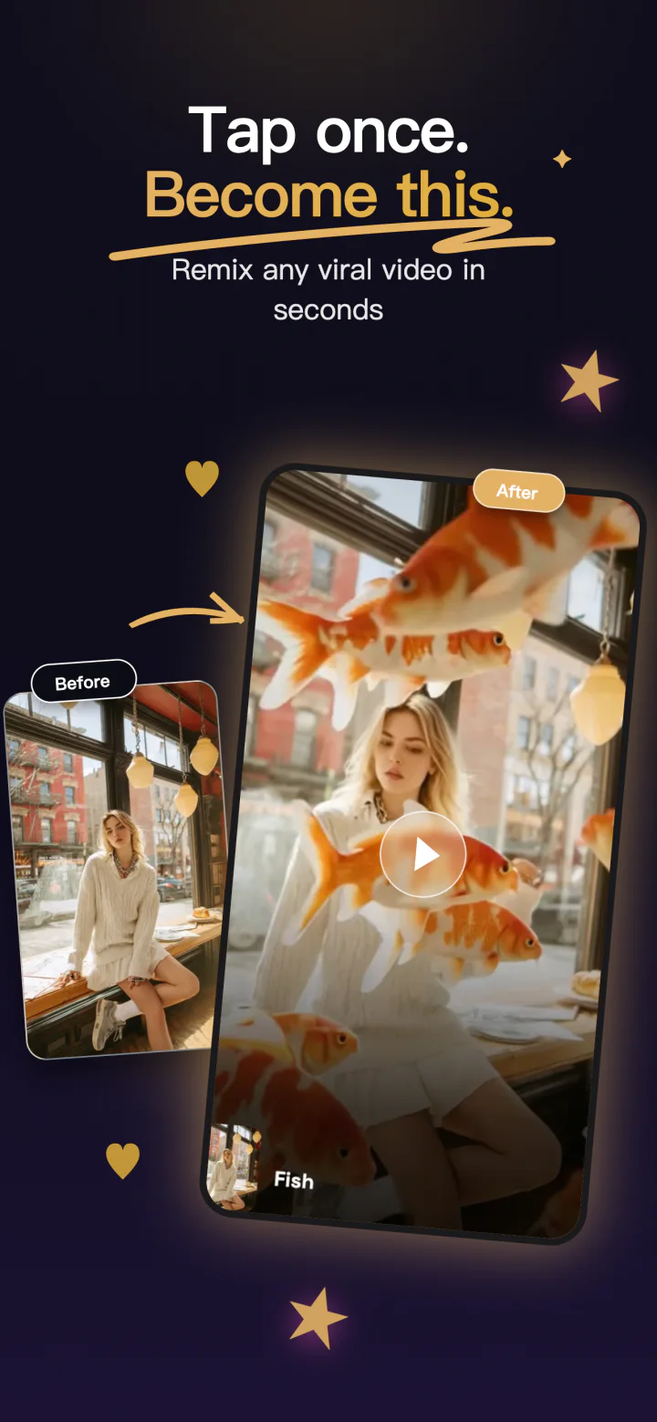 Before-and-after example of a café portrait transformed into a playful scene with floating fish