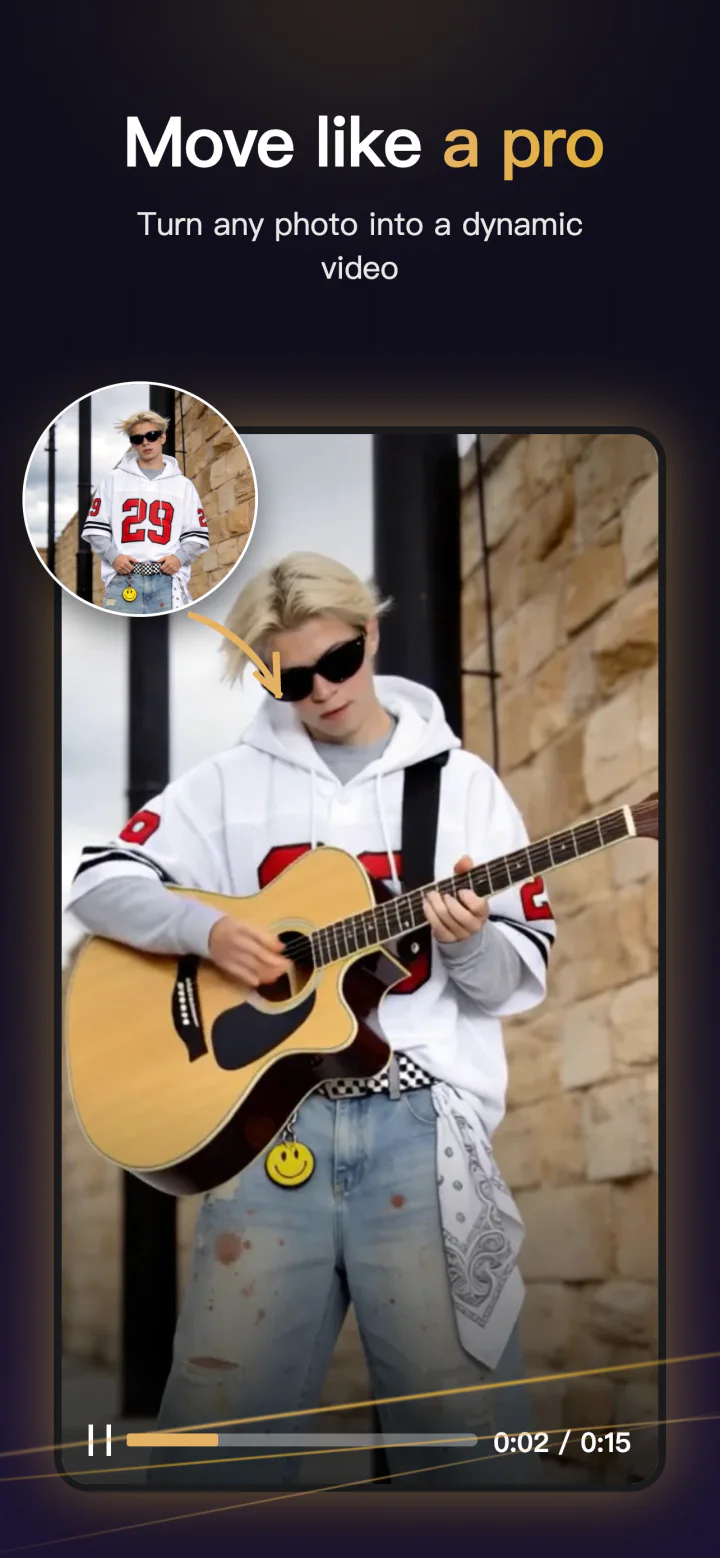 Photo-to-video example showing a portrait turned into a guitar performance